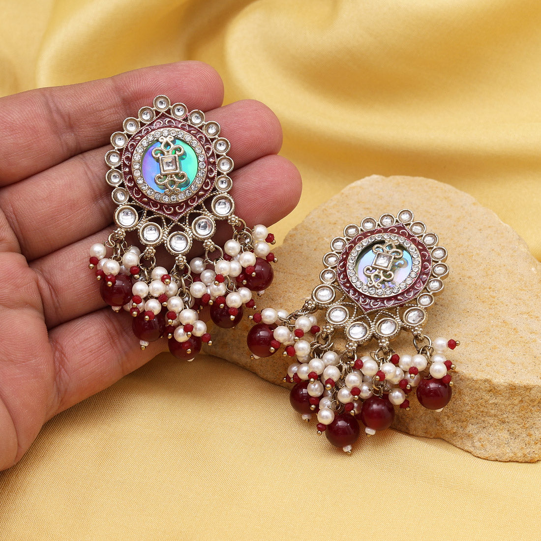 Maroon Color Kundan Earrings (KDE991MRN) - Preyans.com