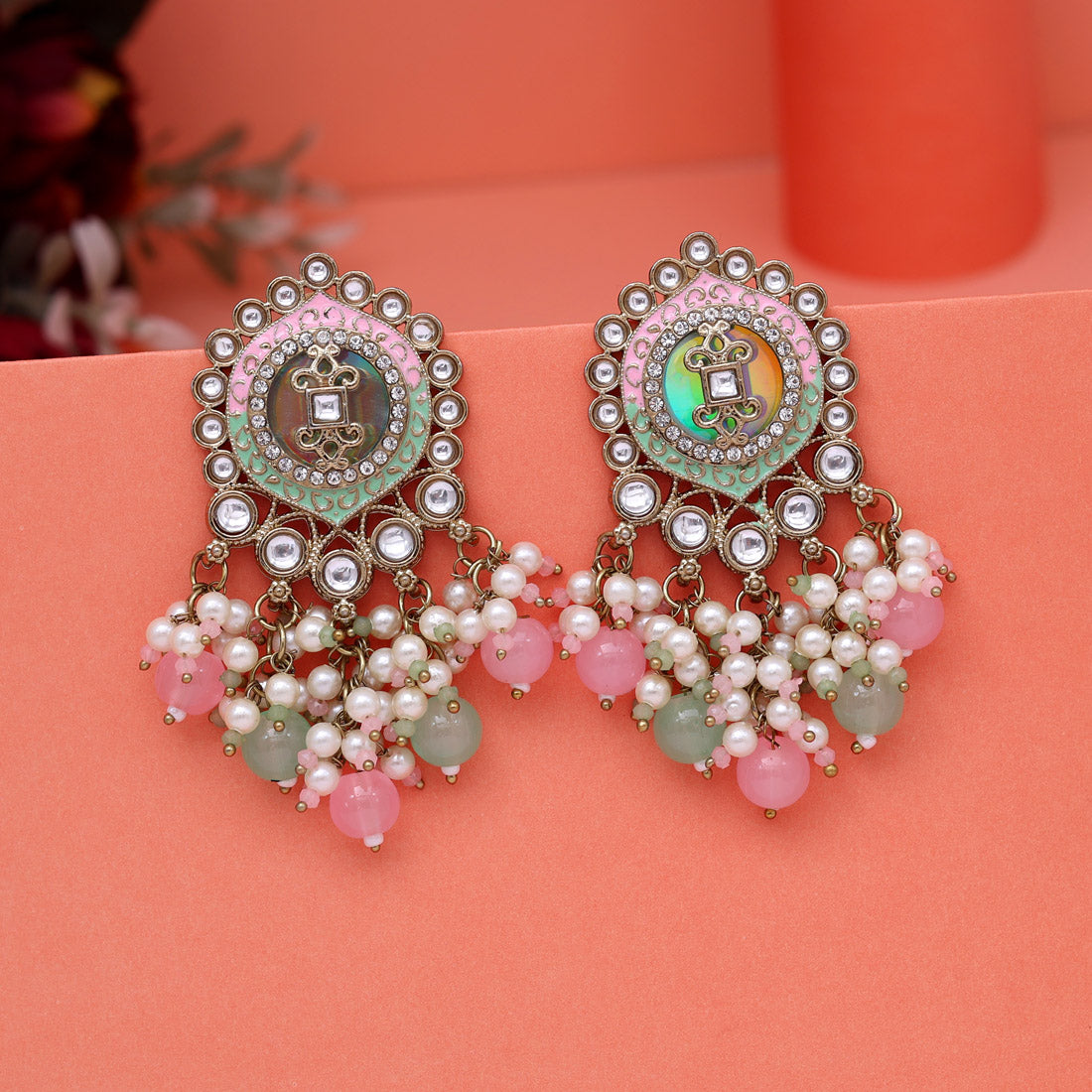 Pink & Pista Green Color Kundan Earrings (KDE991PNKPGRN) - Preyans.com