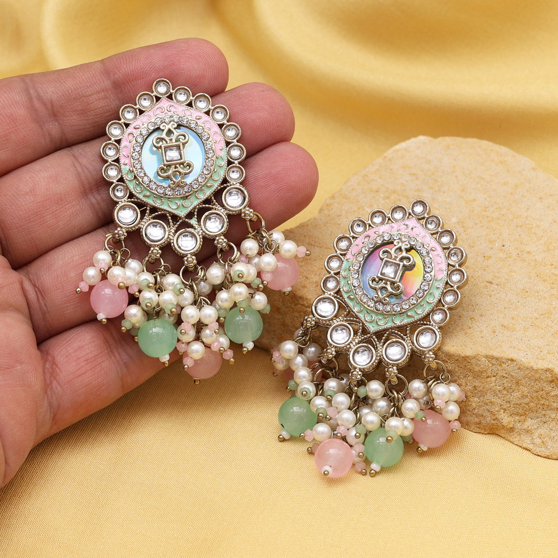 Pink & Pista Green Color Kundan Earrings (KDE991PNKPGRN) - Preyans.com