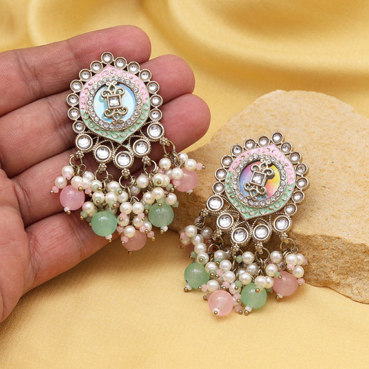 Pink & Pista Green Color Kundan Earrings (KDE991PNKPGRN) - Preyans.com