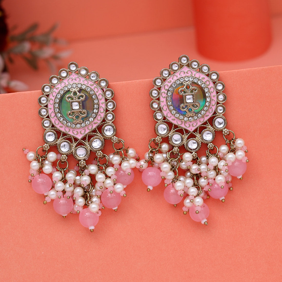 Pink Color Kundan Earrings (KDE991PNK) - Preyans.com