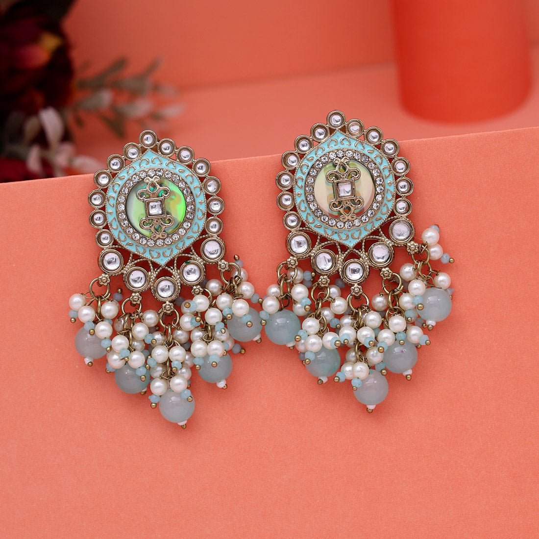 Sky Blue Color Kundan Earrings (KDE991SBLU) - Preyans.com