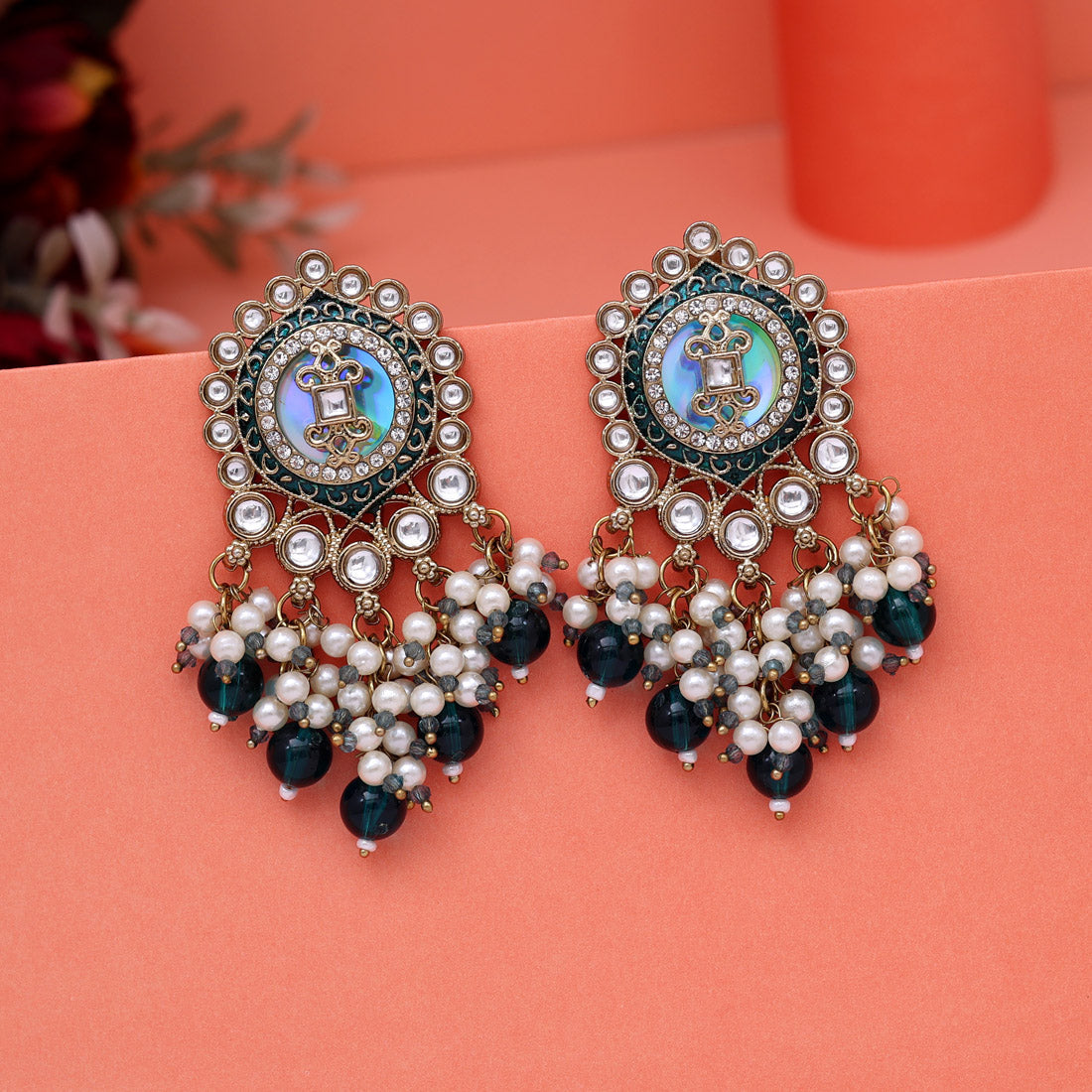 Turquoise Blue Color Kundan Earrings (KDE991TBLU) - Preyans.com