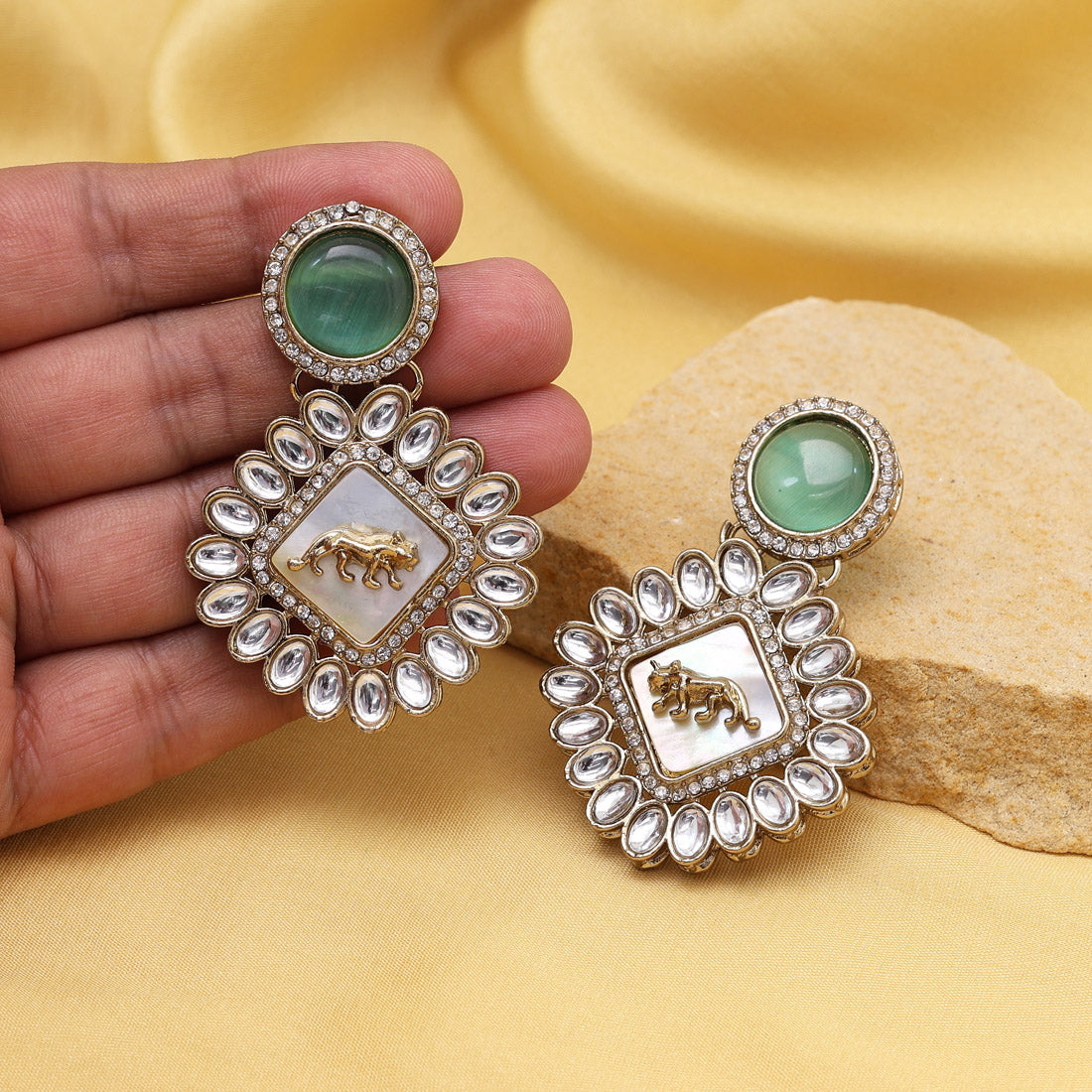 Pista Green Color Kundan Earrings (KDE992PGRN) - Preyans.com