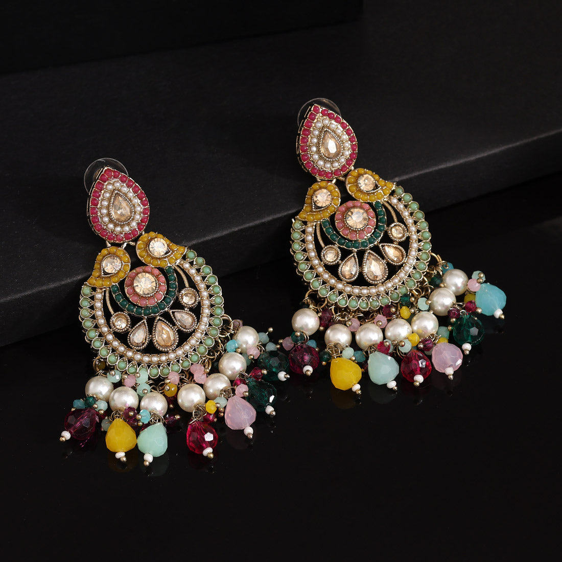 Multi Color Kundan Pakistani Earrings (KDE994MLT) - Preyans.com