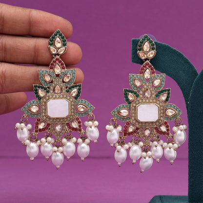 Multi Color Mother Of Pearl Kundan Earrings (KDE996MLT) - Preyans.com