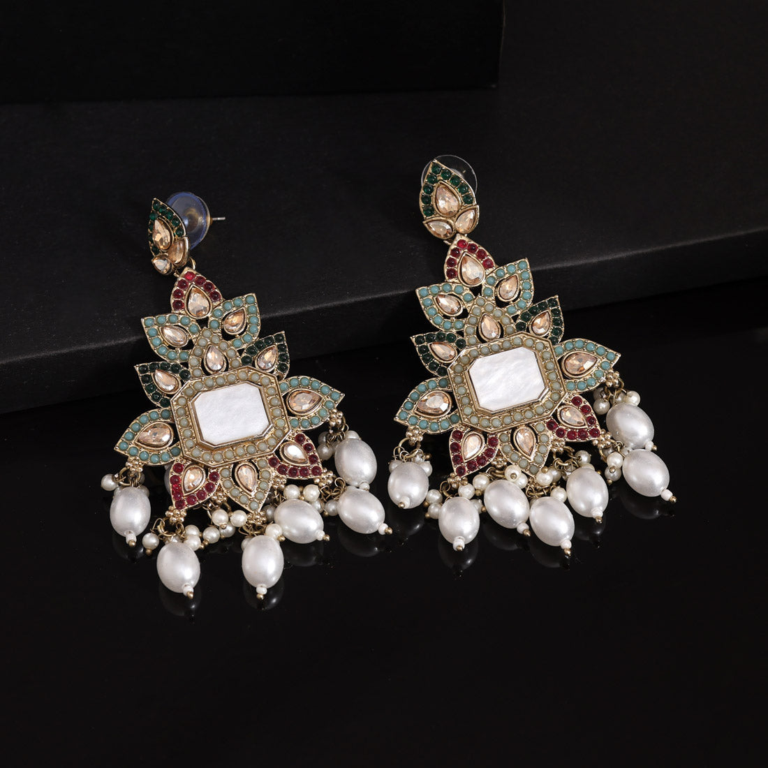 Multi Color Mother Of Pearl Kundan Earrings (KDE996MLT) - Preyans.com