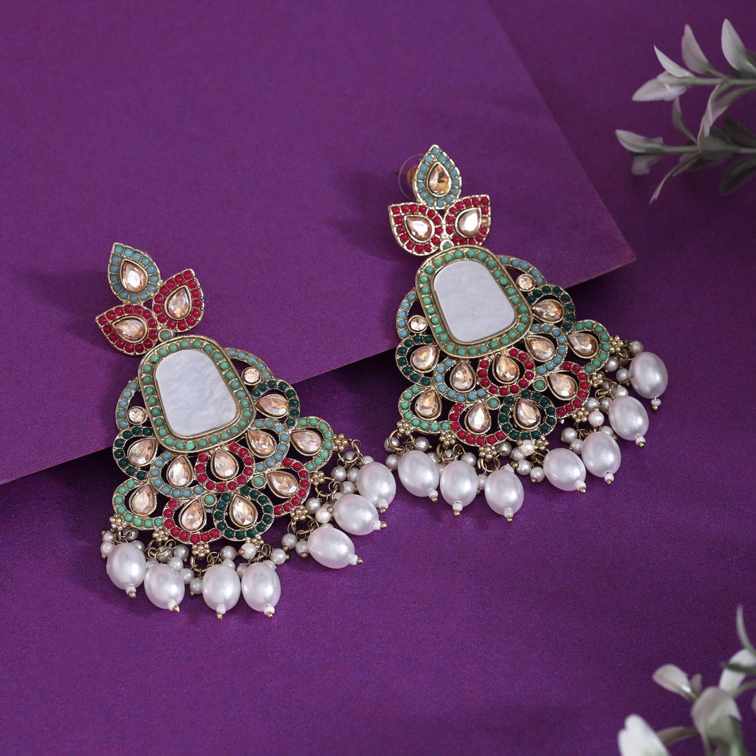 Multi Color Mother Of Pearl Kundan Earrings (KDE997MLT) - eindiawholesale.com