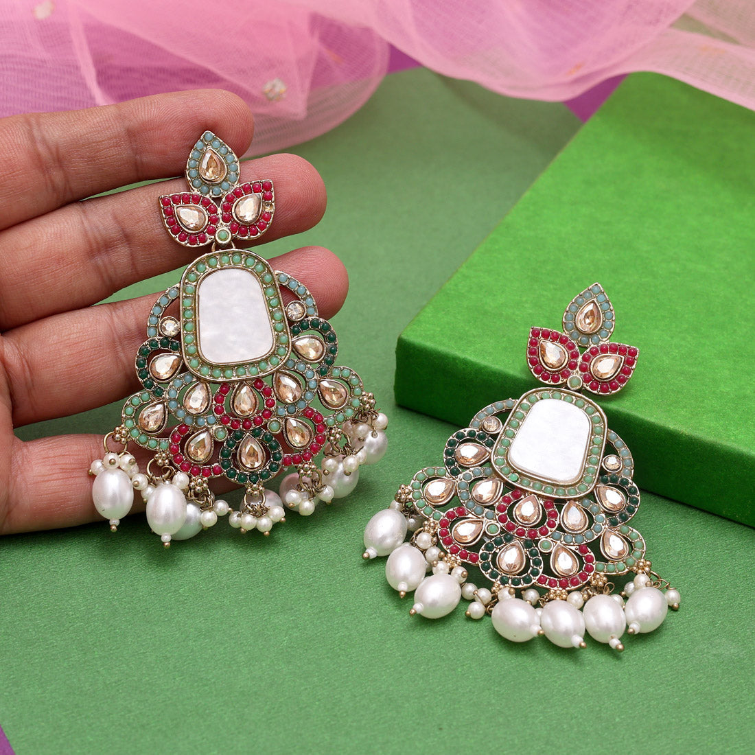 Multi Color Mother Of Pearl Kundan Earrings (KDE997MLT) - eindiawholesale.com