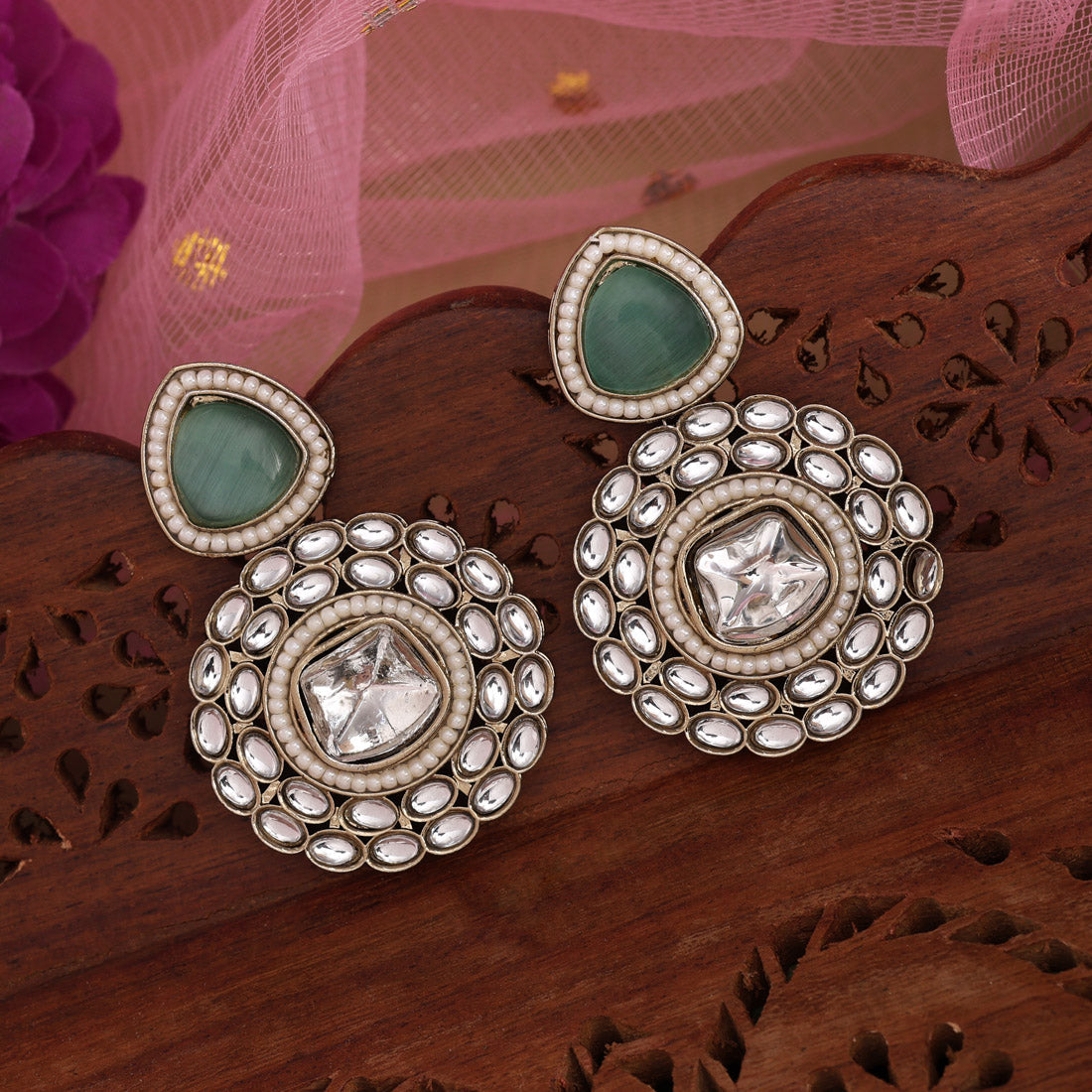 Pista Green Color Kundan Earrings (KDE998PGRN) - Preyans.com