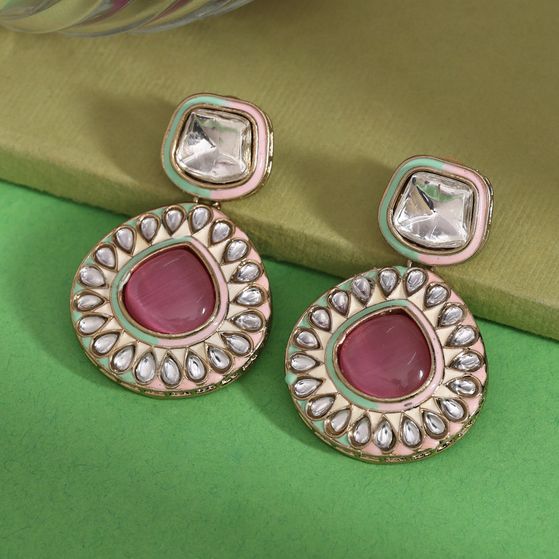 Pink & Pista Green Color Kundan Earrings (KDE999PNKPGRN) - Preyans.com