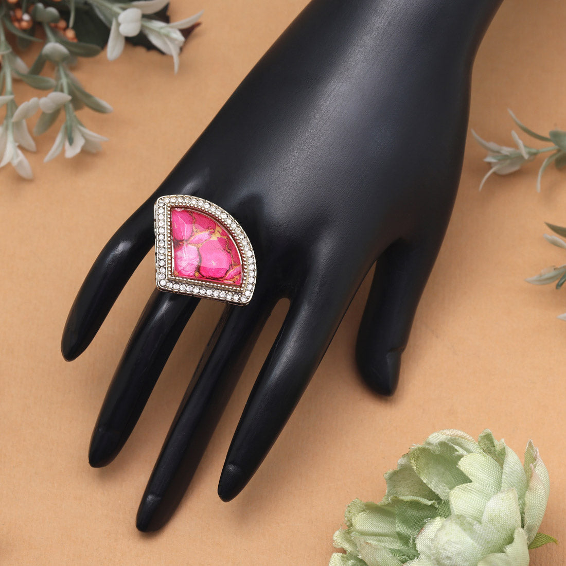 Peachy Pink Color Kundan Ring For Women - Preyans.com
