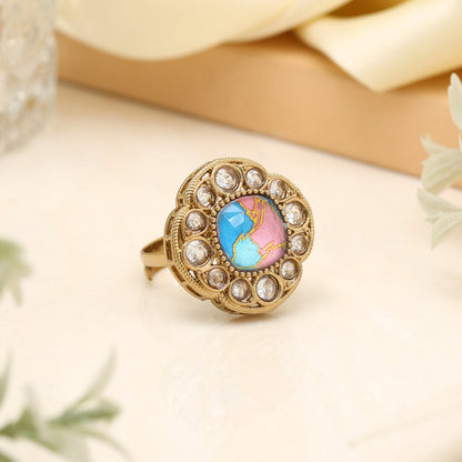 Aqua Firozi Color Kundan Ring For Women - Preyans.com