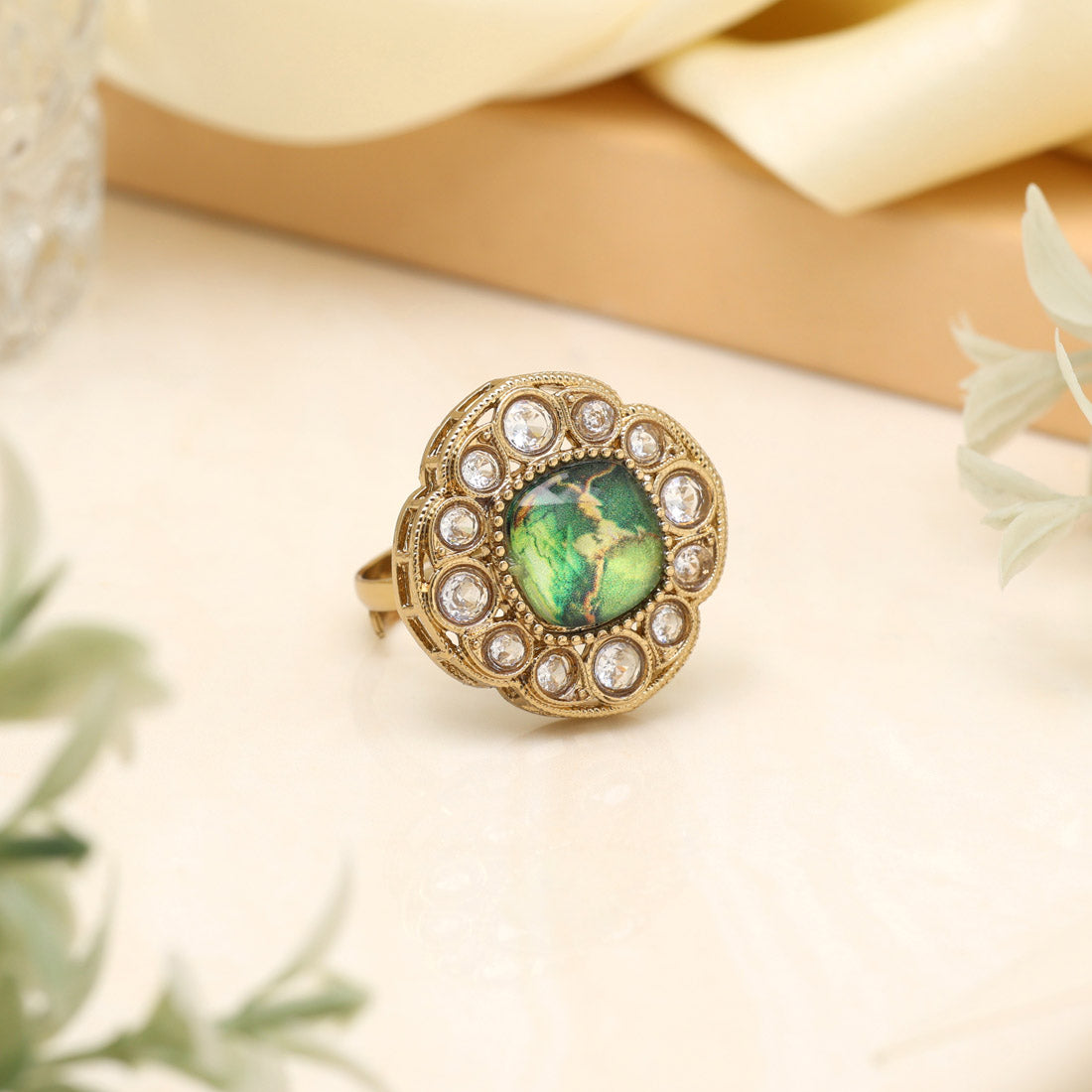 Leafy Green Color Kundan Ring For Women - Preyans.com