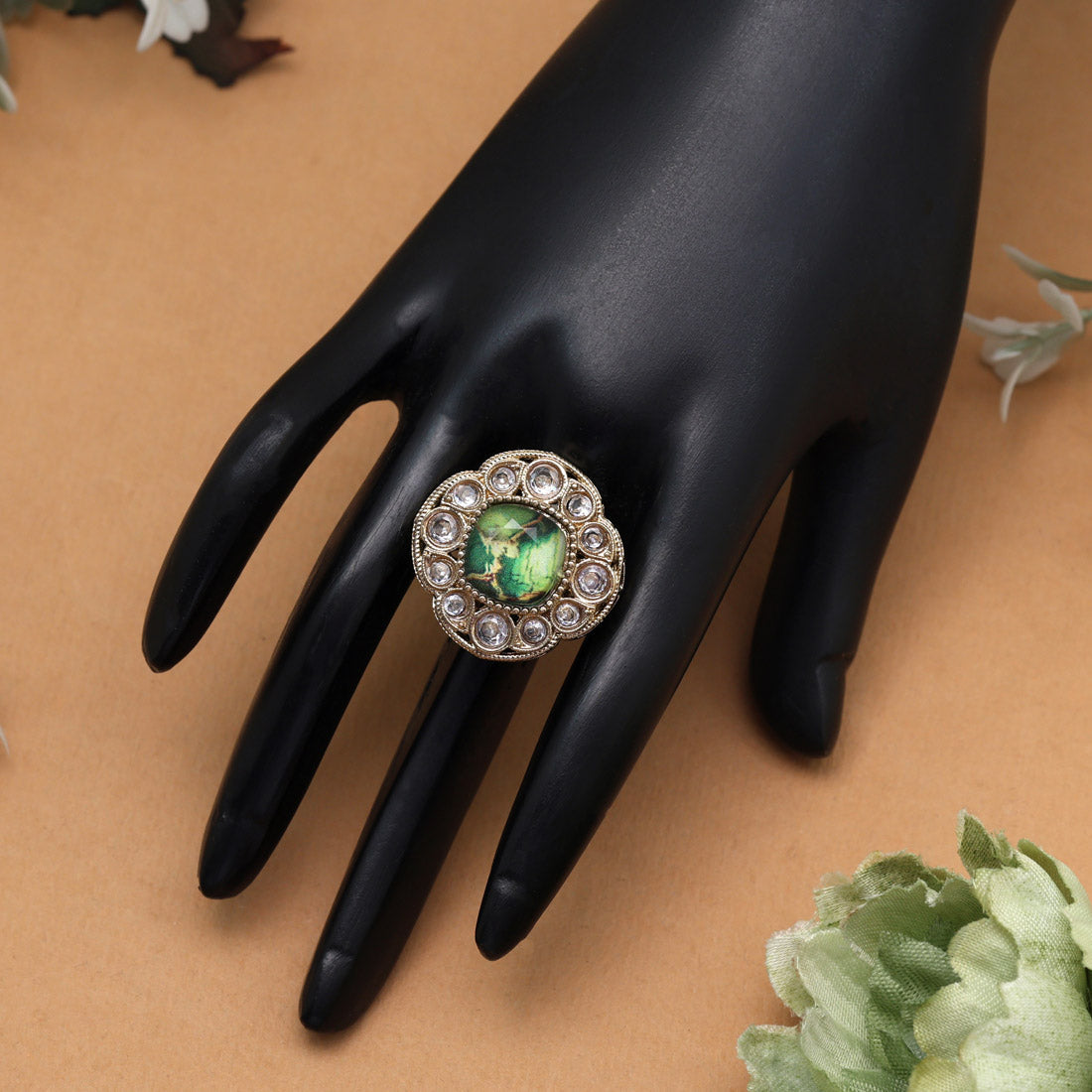 Leafy Green Color Kundan Ring For Women - Preyans.com