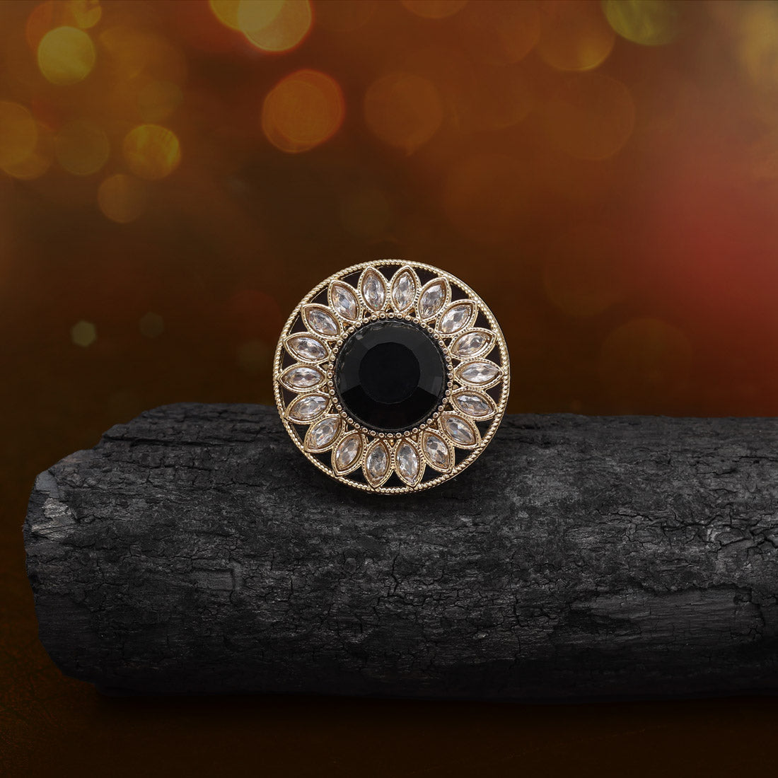 Matte Black Color Kundan Ring For Women - Preyans.com
