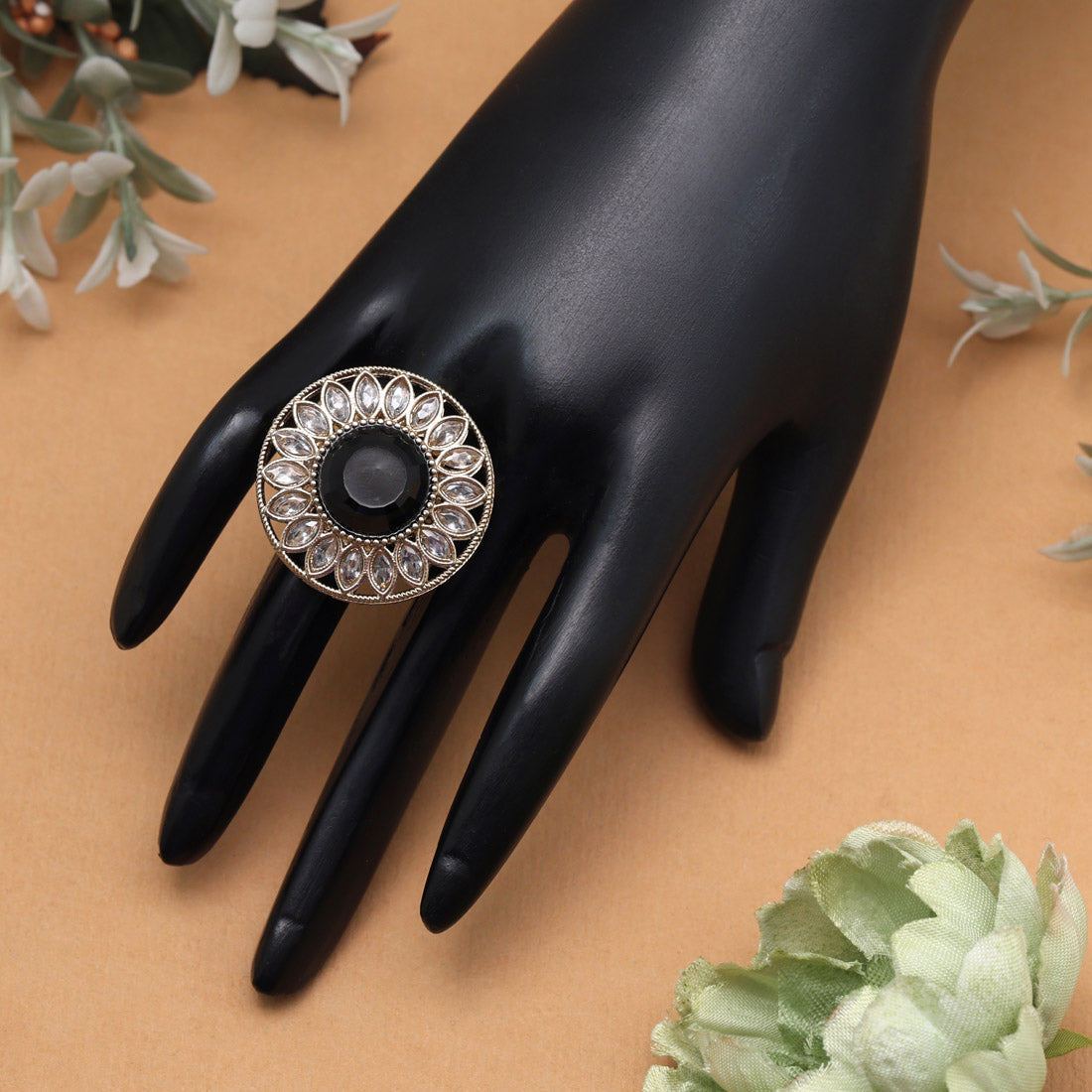 Matte Black Color Kundan Ring For Women - Preyans.com