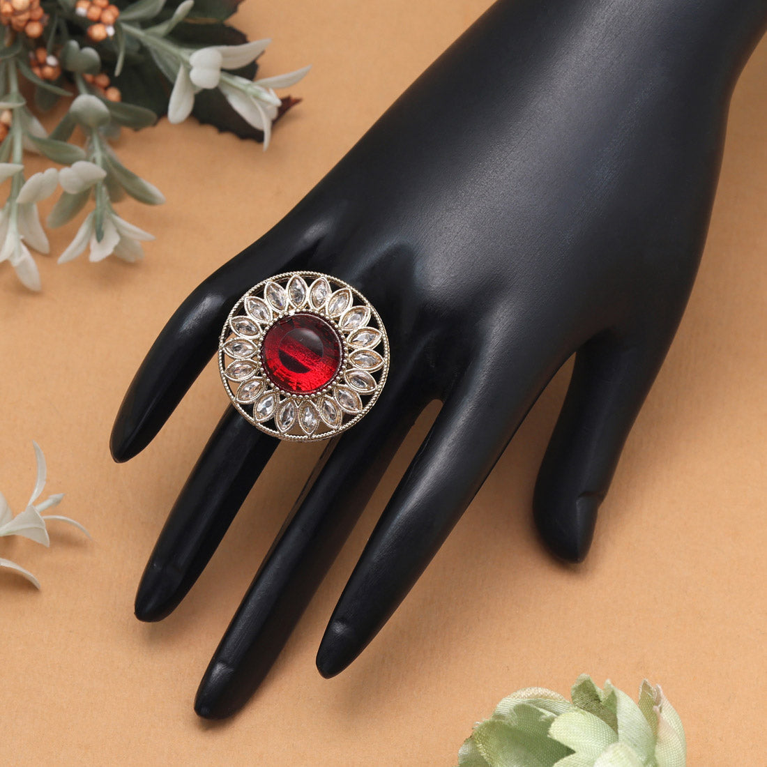 Rich Maroon Color Kundan Ring For Women - Preyans.com