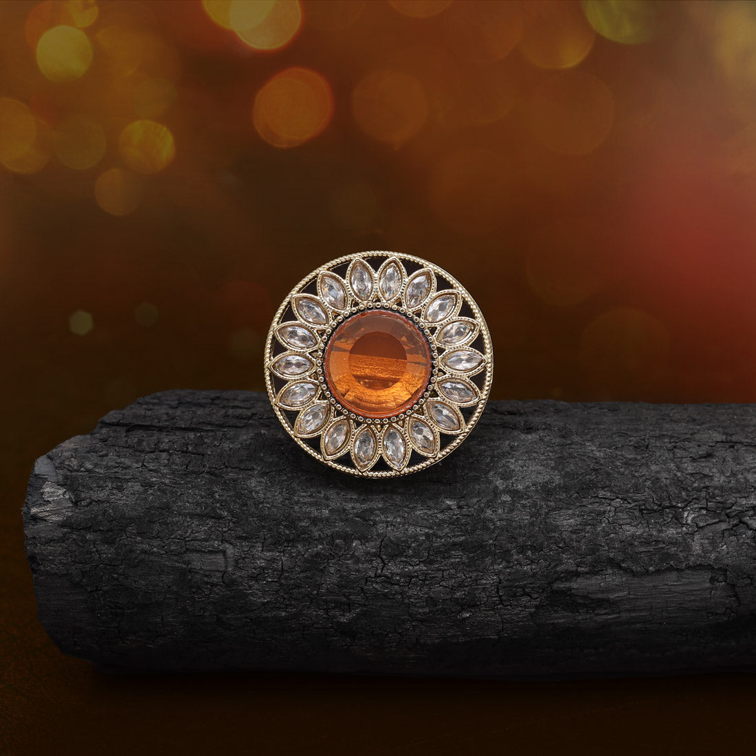 Bright Orange Color Kundan Ring For Women - Preyans.com