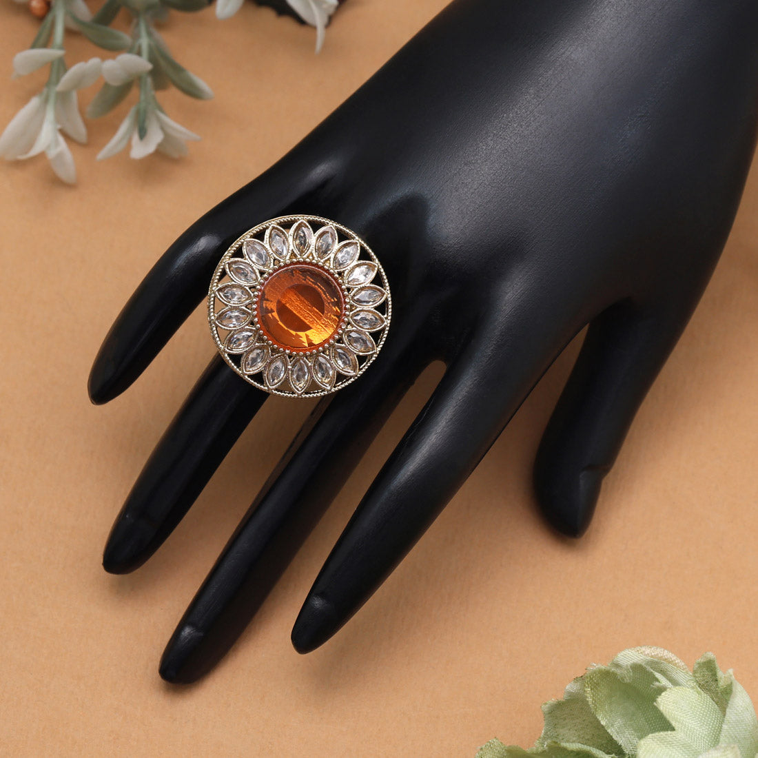 Bright Orange Color Kundan Ring For Women - Preyans.com