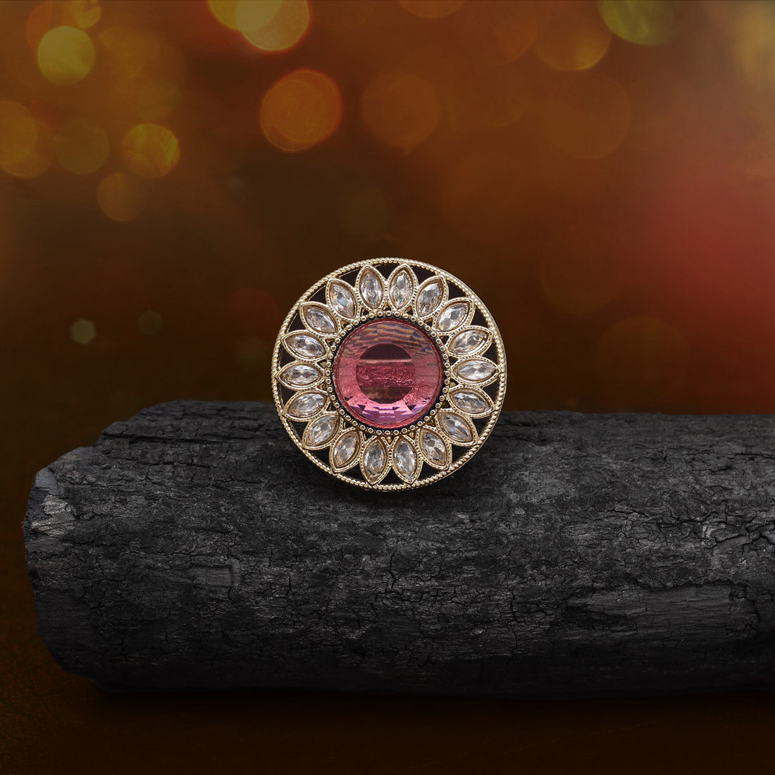 Radiant Pink Color Kundan Ring For Women - Preyans.com