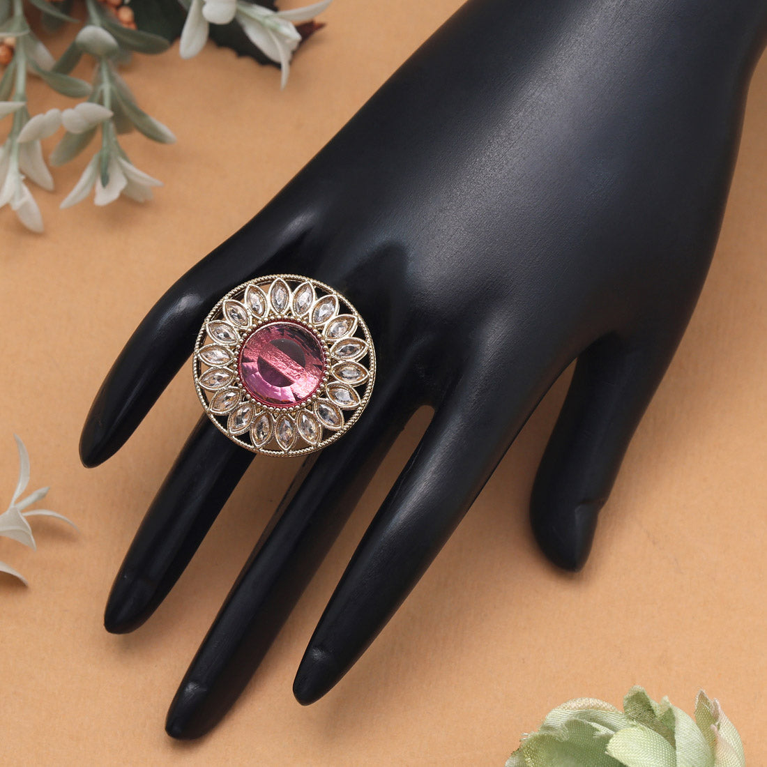 Radiant Pink Color Kundan Ring For Women - Preyans.com
