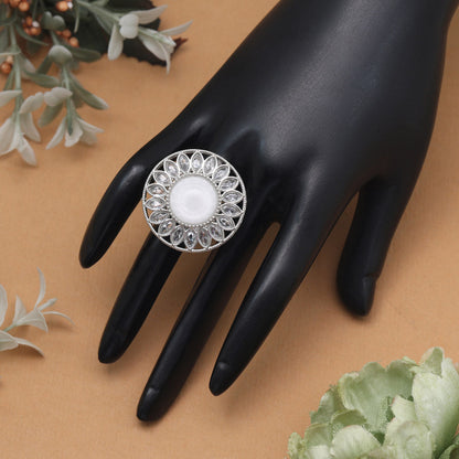 Metallic Silver Color Kundan Ring For Women - Preyans.com