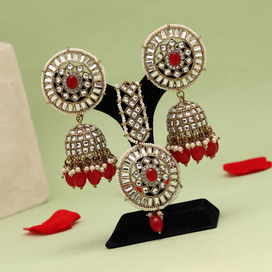 Red Color Kundan Earrings With Maang Tikka (KDTE536RED) - preyans.com