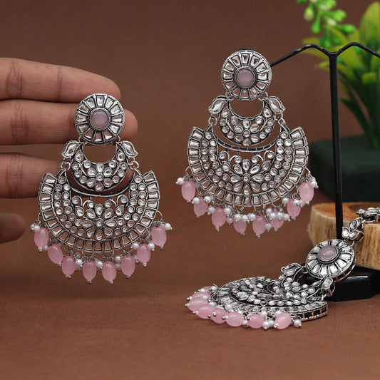 Pink Color Kundan Earrings With Maang Tikka (KDTE546PNK) - preyans.com