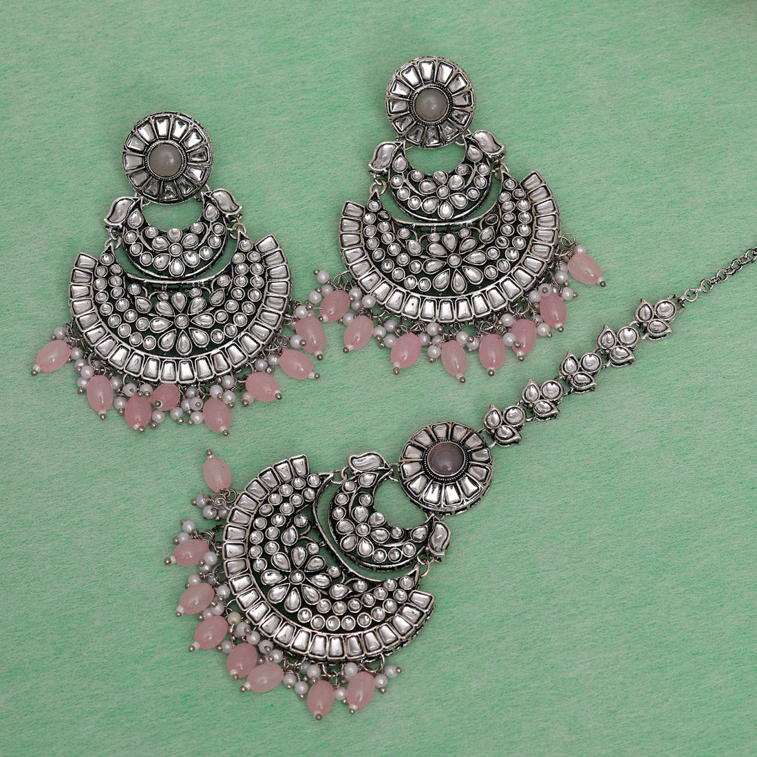 Pink Color Kundan Earrings With Maang Tikka (KDTE546PNK) - preyans.com