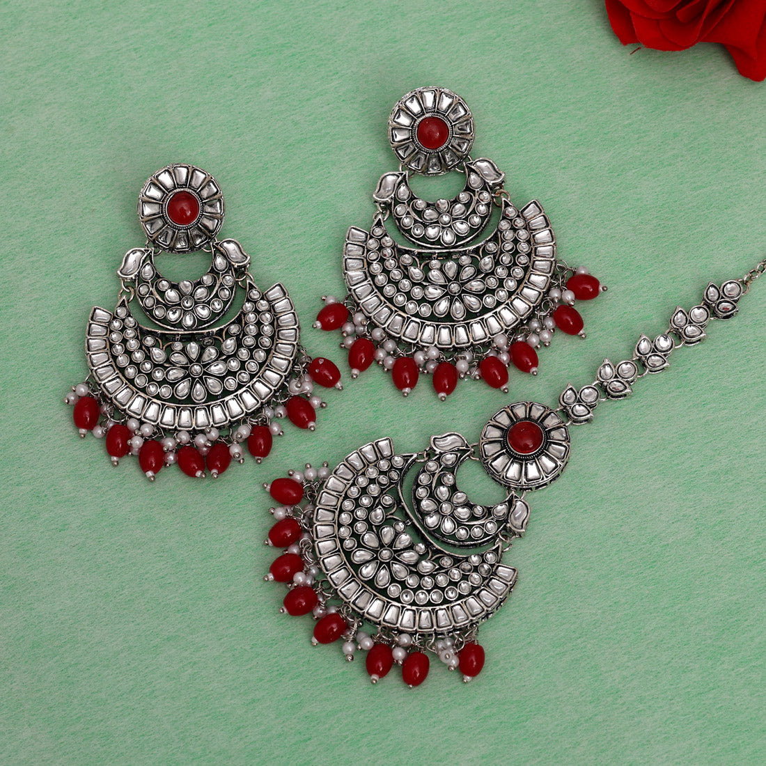 Red Color Kundan Earrings With Maang Tikka (KDTE546RED) - preyans.com