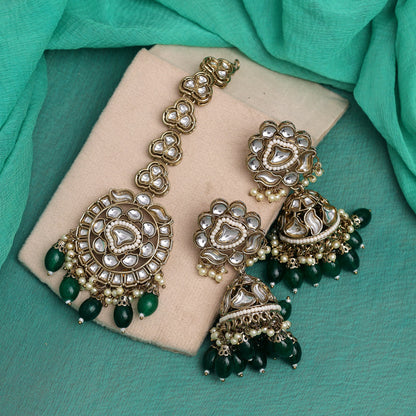 Green Color Kundan Earrings With Maang Tikka (KDTE552GRN) - preyans.com