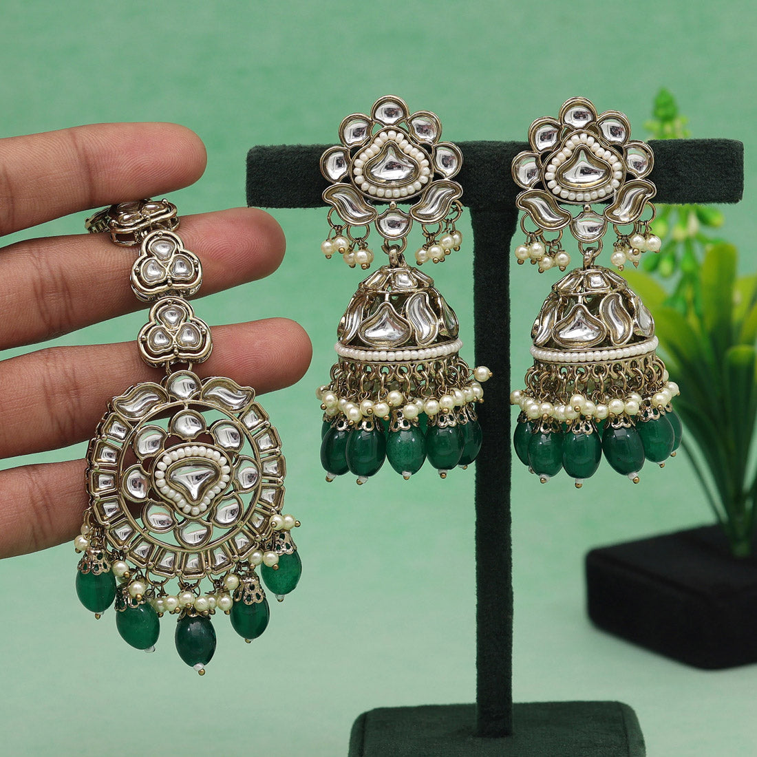 Green Color Kundan Earrings With Maang Tikka (KDTE552GRN) - preyans.com