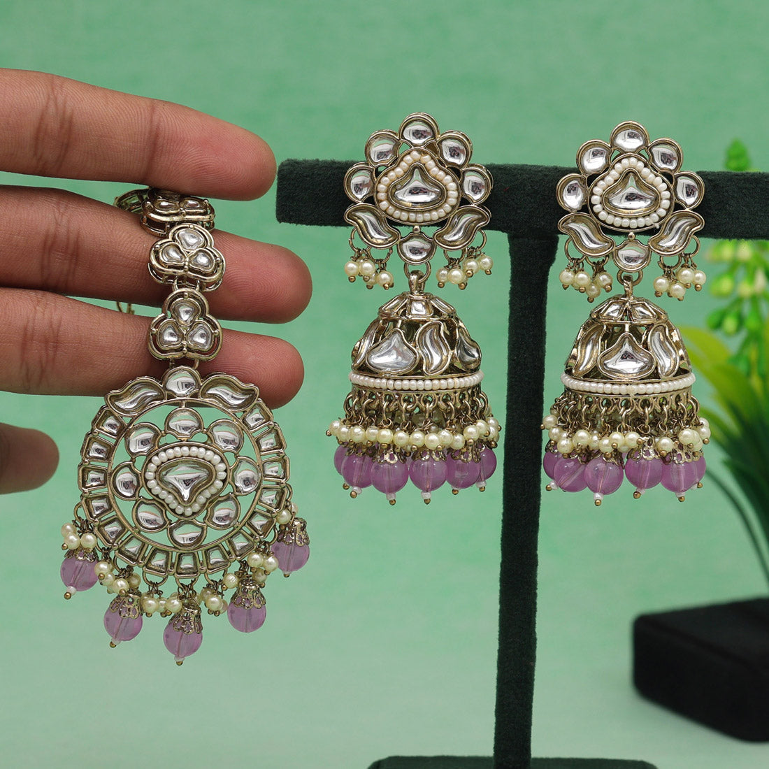 Light Purple Color Kundan Earrings With Maang Tikka (KDTE552LPRP) - preyans.com