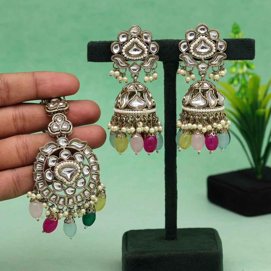 Multi Color Kundan Earrings With Maang Tikka (KDTE552MLT) - preyans.com