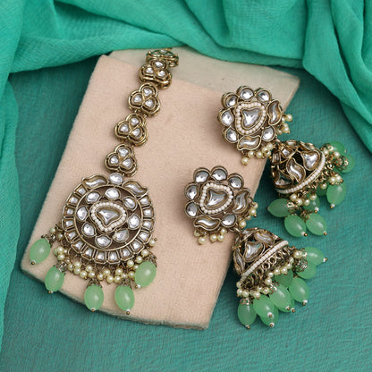 Pista Green Color Kundan Earrings With Maang Tikka (KDTE552PGRN) - preyans.com