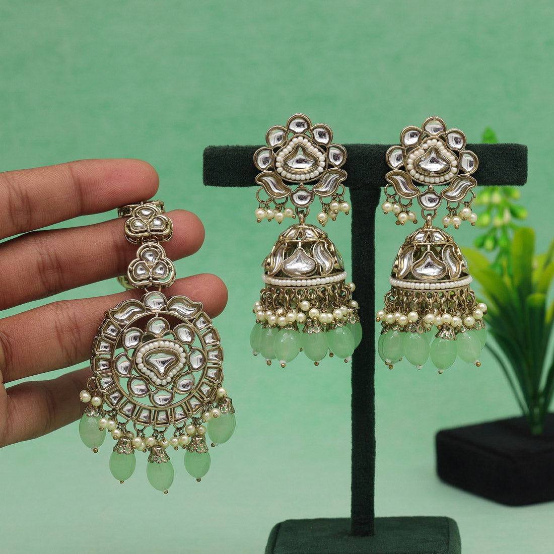 Pista Green Color Kundan Earrings With Maang Tikka (KDTE552PGRN) - preyans.com