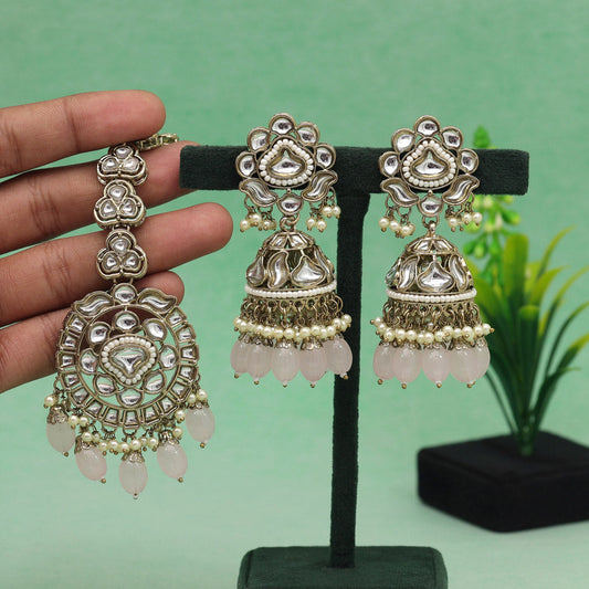 Pink Color Kundan Earrings With Maang Tikka (KDTE552PNK) - preyans.com