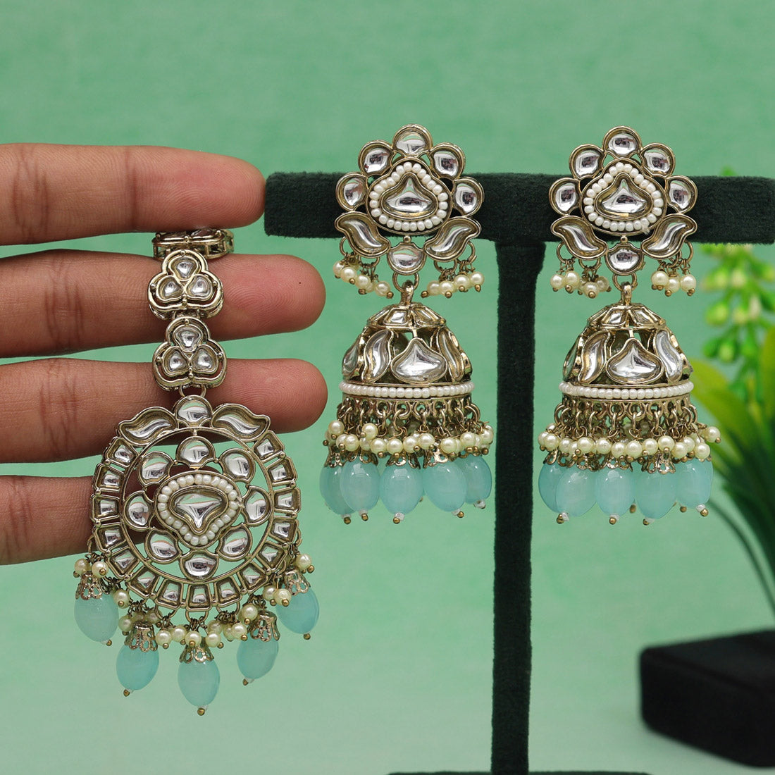 Sky Blue Color Kundan Earrings With Maang Tikka (KDTE552SBLU) - preyans.com