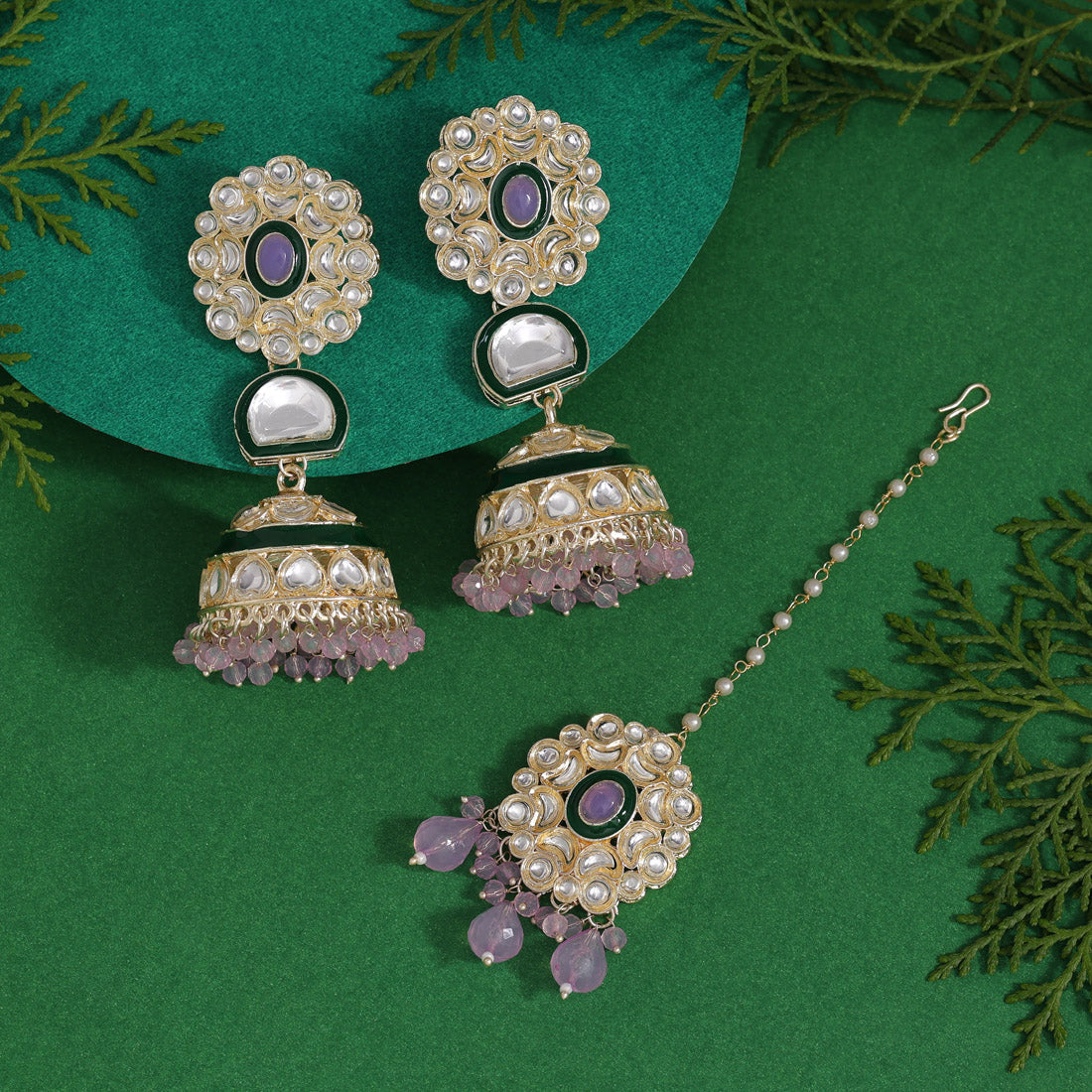 Light Purple Color Kundan Earrings With Maang Tikka (KDTE555LPRP) - preyans.com