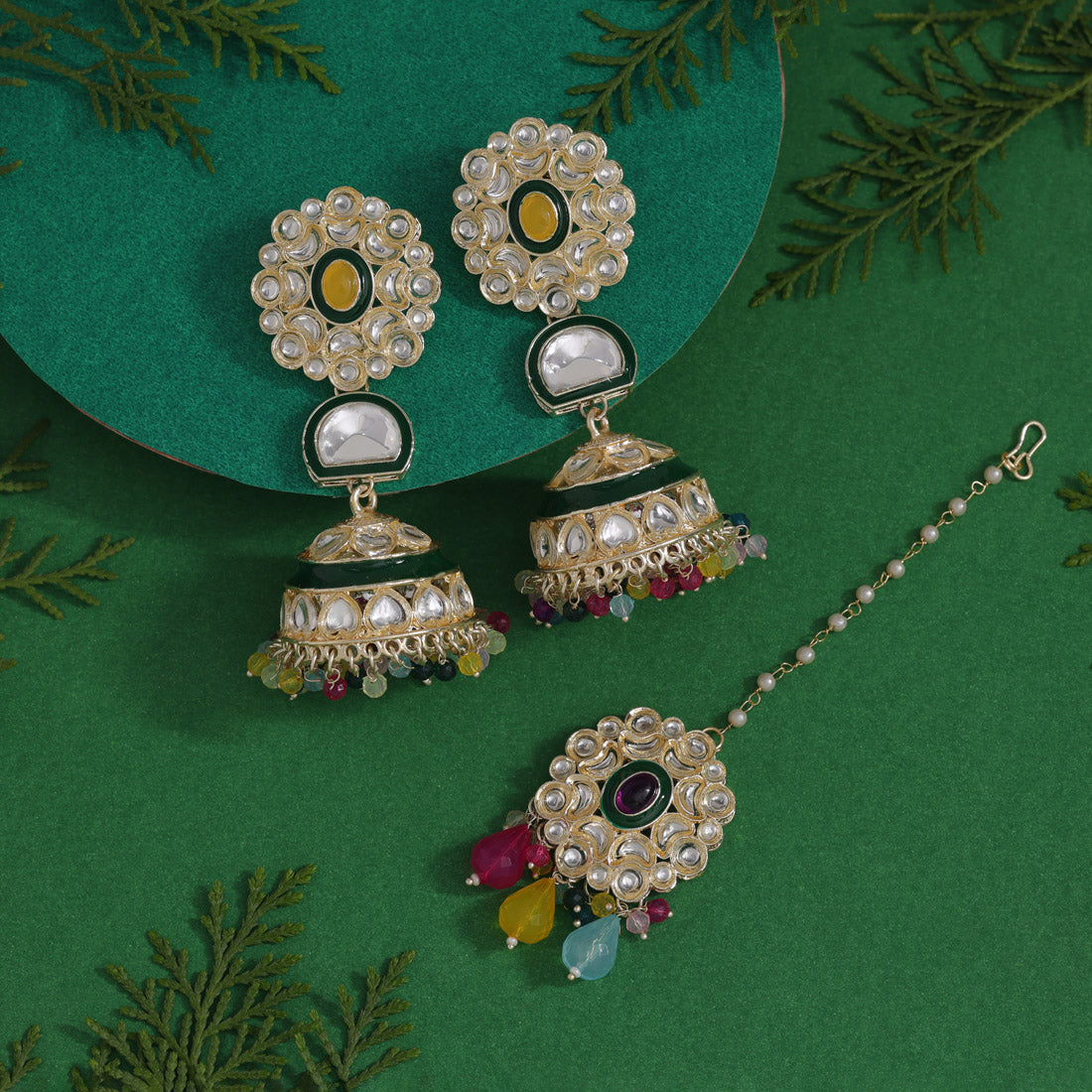 Multi Color Kundan Earrings With Maang Tikka (KDTE555MLT) - preyans.com