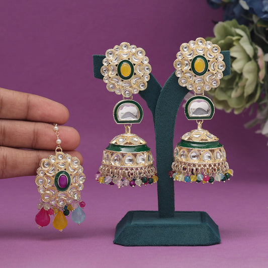 Multi Color Kundan Earrings With Maang Tikka (KDTE555MLT) - preyans.com