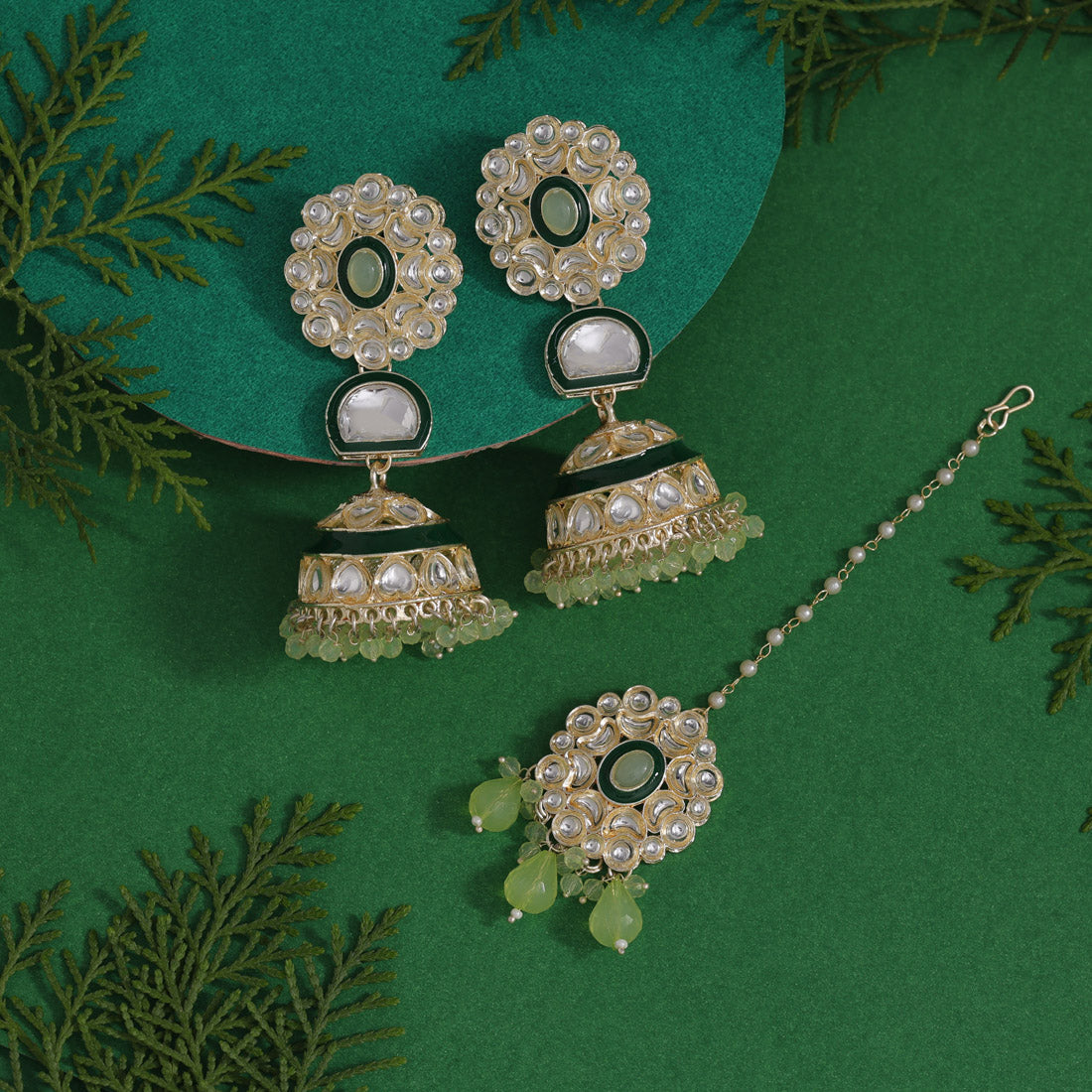 Pista Green Color Kundan Earrings With Maang Tikka (KDTE555PGRN) - preyans.com