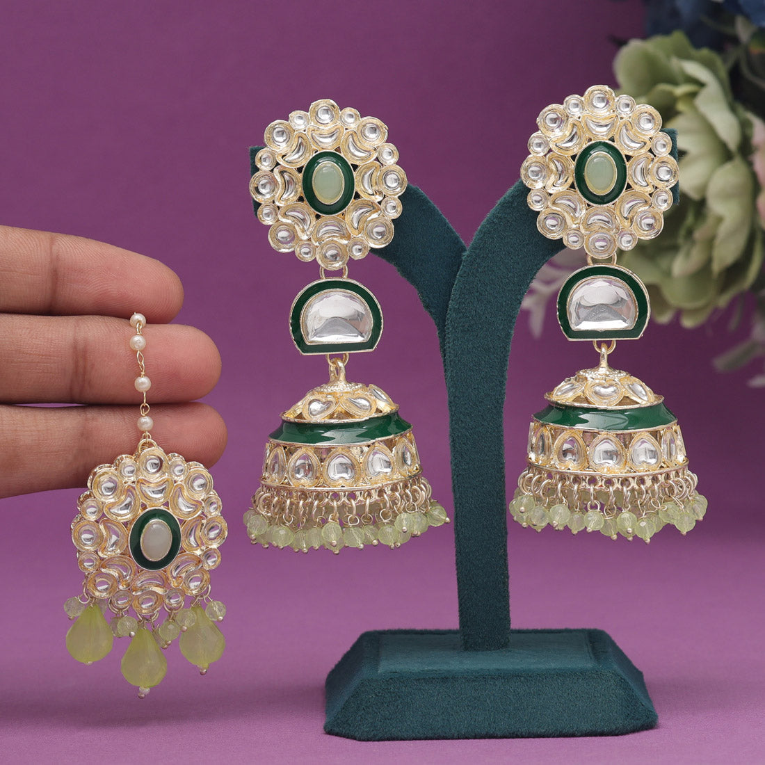 Pista Green Color Kundan Earrings With Maang Tikka (KDTE555PGRN) - preyans.com