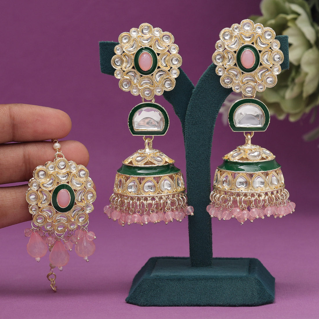 Pink Color Kundan Earrings With Maang Tikka (KDTE555PNK) - preyans.com