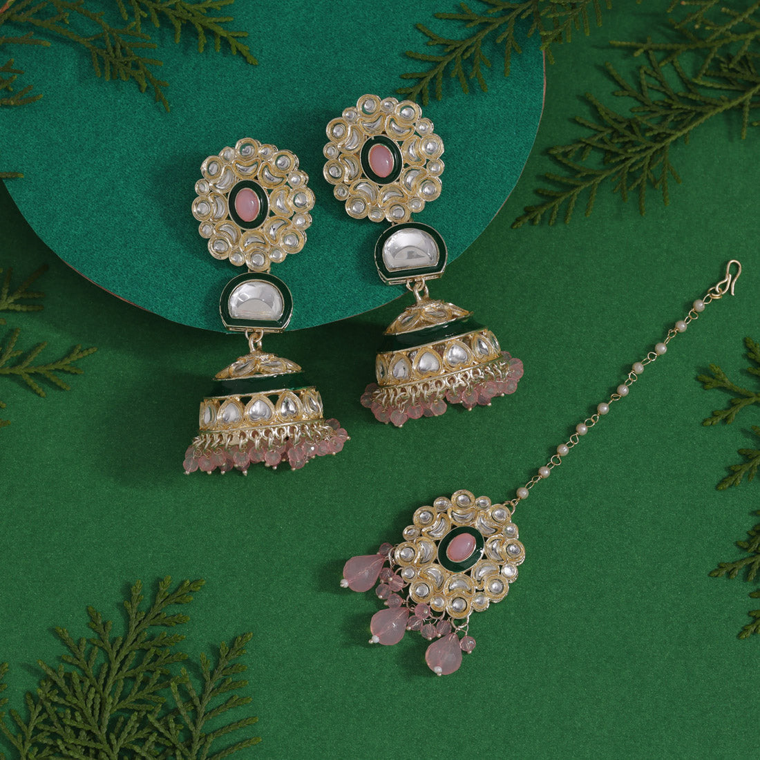 Pink Color Kundan Earrings With Maang Tikka (KDTE555PNK) - preyans.com