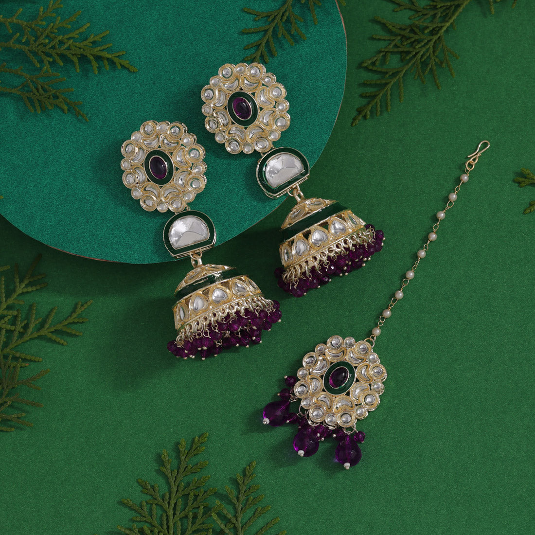 Purple Color Kundan Earrings With Maang Tikka (KDTE555PRP) - preyans.com