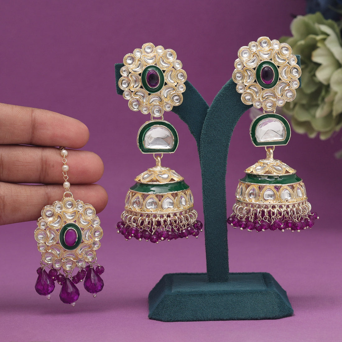 Purple Color Kundan Earrings With Maang Tikka (KDTE555PRP) - preyans.com