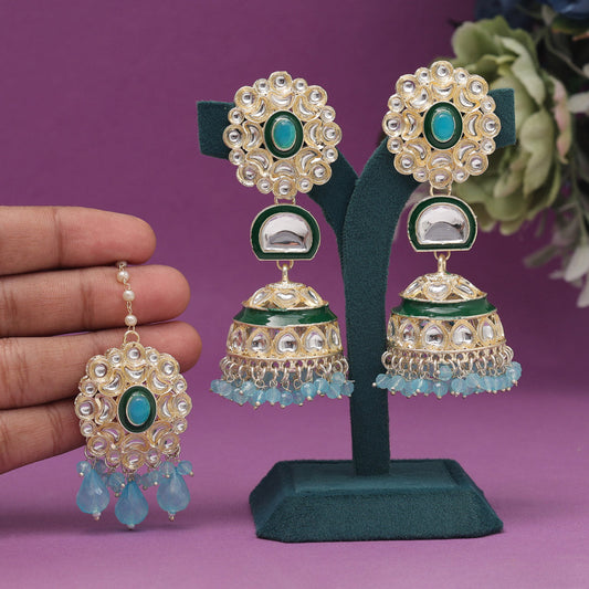 Sky Blue Color Kundan Earrings With Maang Tikka (KDTE555SBLU) - preyans.com