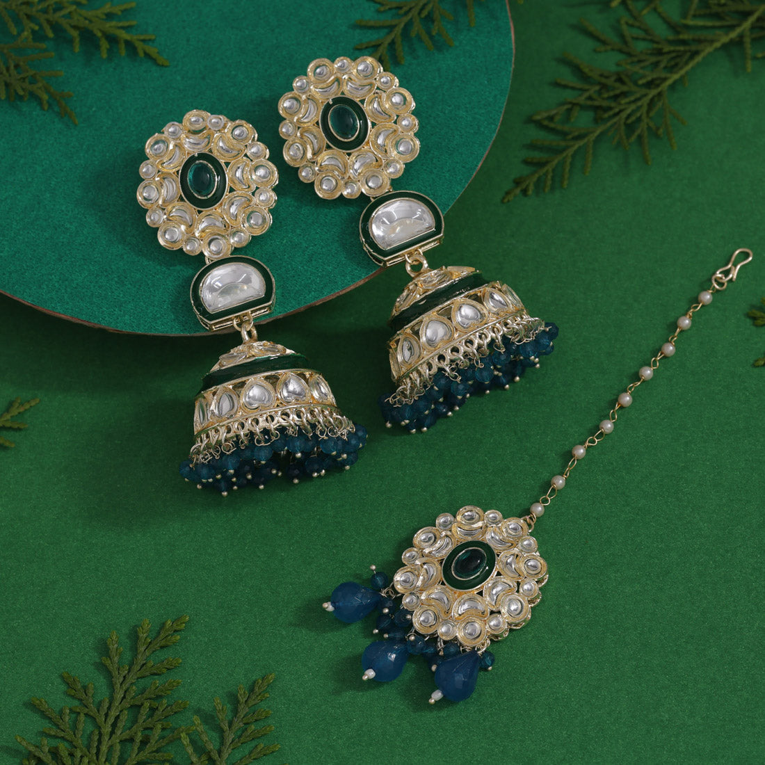 Turquoise Blue Color Kundan Earrings With Maang Tikka (KDTE555TBLU) - preyans.com